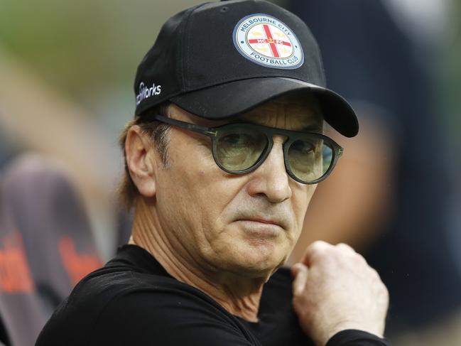 MELBOURNE, AUSTRALIA - MARCH 01: Coach Erick Mombaerts of Melbourne City looks on during the round 21 A-League match between Melbourne City and the Brisbane Roar at AAMI Park on March 01, 2020 in Melbourne, Australia. (Photo by Daniel Pockett/Getty Images)
