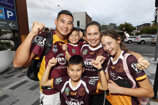 Vu Pham, Kailah Pham, Harvey Pham, 5, Asher Pham, 7, and Bailey Rayner, 12 pictured at the Broncos v Rabbitohs, round 1, on Caxton Street, Brisbane 11th of March 2022. This is the first game for the BroncosÃ• season.