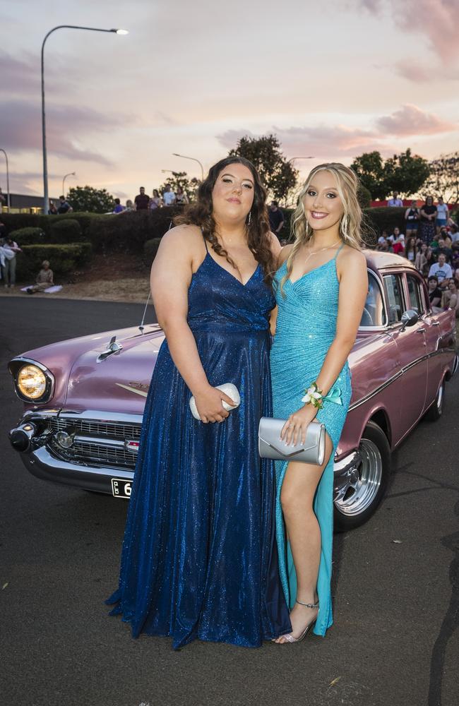 Brooke Griffin (left) and Tiarna Winter at Harristown State High School formal at Highfields Cultural Centre, Friday, November 17, 2023. Picture: Kevin Farmer