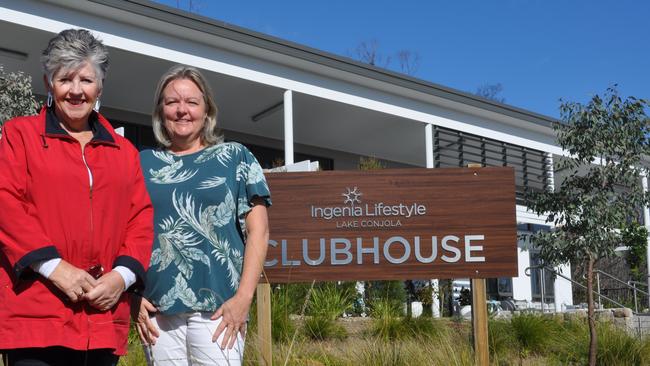 Gabrielle McNeill and Catherine Brasier out the front of the Ingenia Lifestyle clubhouse where dozens of residents were evacuated to on New Year’s Eve 2019. Picture: Supplied