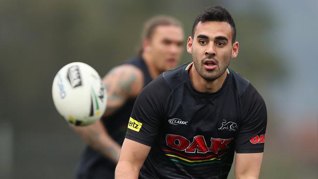 Penrith's Tyrone May during Penrith rugby league training at Panthers Rugby League Academy, Penrith. Picture: Brett Costello