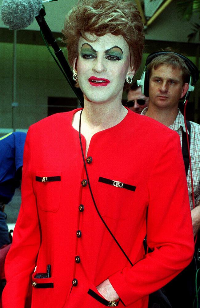 Didn’t like it: Pauline Pantsdown (Simon Hunt) outside court after the Queensland defamation lawsuit which found the “Backdoor Man” song was defamatory. <i>Picture: News Corp</i>