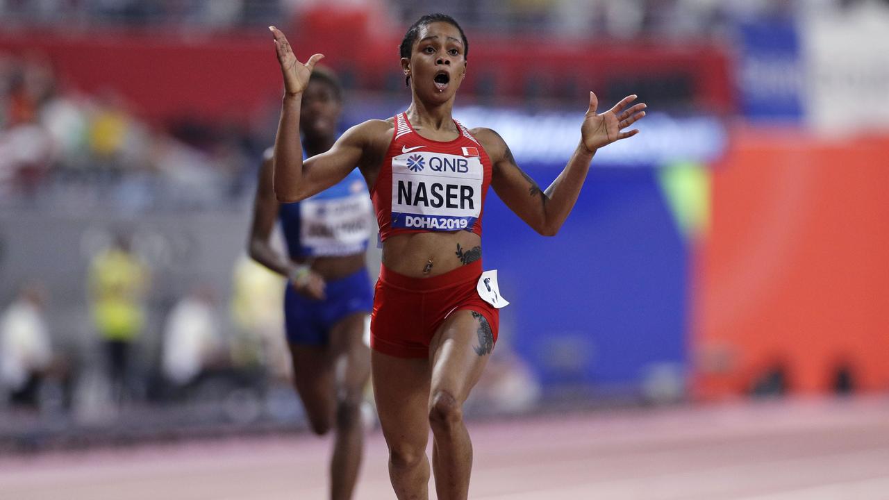 Salwa Eid Naser, of Bahrain, reacts to winning the gold medal in the women's 400 metre final.