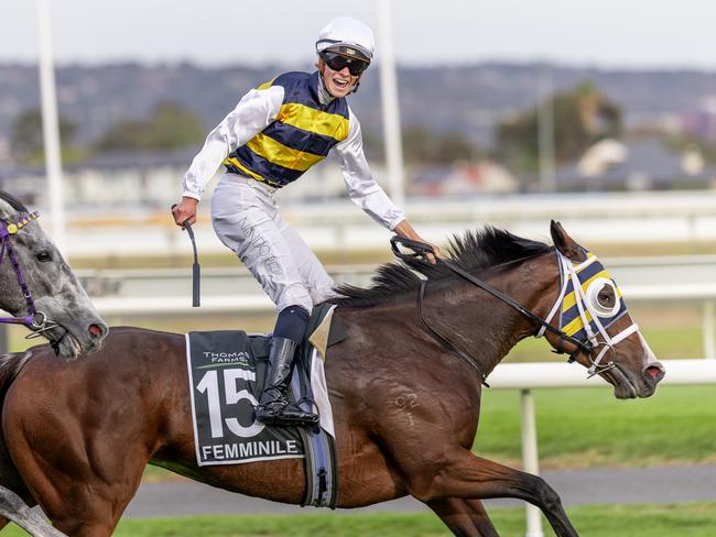 Lachlan Neindorf, aboard Femminile, celebrates winning the South Australian Derby. Picture: Makoto Kaneko