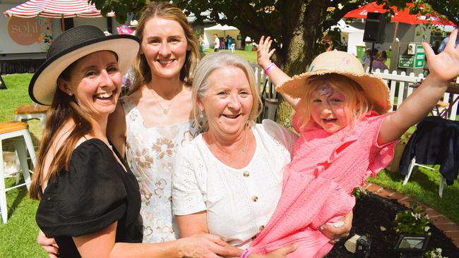 Rebecca Vonarx, Chloe Westblade, Kerry Gower and Inara enjoying all the action at the Ladbrokes Cranbourne Cup on Saturday, November 23, 2024. Picture: Jack Colantuono