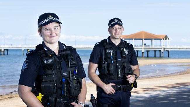 Redcliffe Police Constable Teleah Robins and Constable Jack Tweedale. PHOTO: AAP /Renae Droop