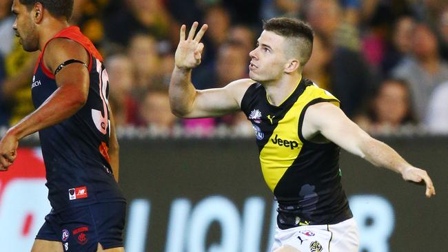 Jack Higgins kicks his first goal against Melbourne.