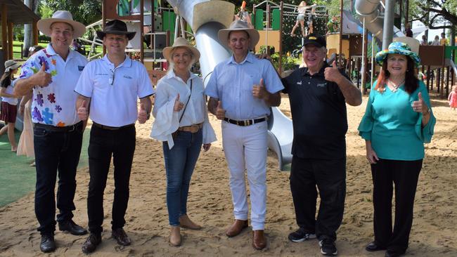 Councillor Shane Latcham, councillor Grant Mathers, councillor Cherie Rutherford, mayor Tony Williams, deputy mayor Neil Fisher and councillor Ellen Smith at the redeveloped playground at Rockhampton Botanic Gardens on March 11, 2023. Picture: Aden Stokes