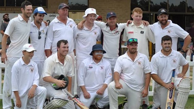 John Durie (third from top left) with his Wycheproof Narraport Cricket Club team.