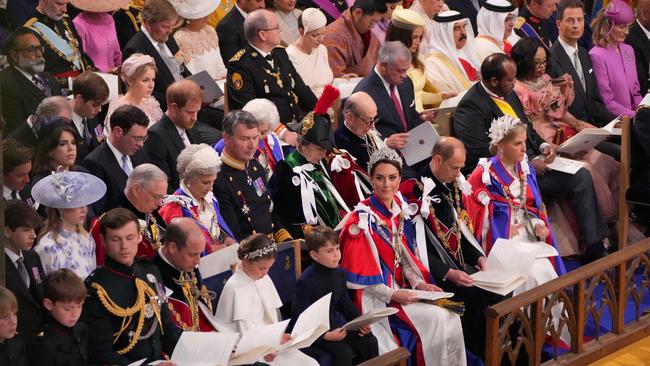 The depth of the family froideur was obvious as Prince Harry spent most of the coronation looking at his lap. Picture: Getty