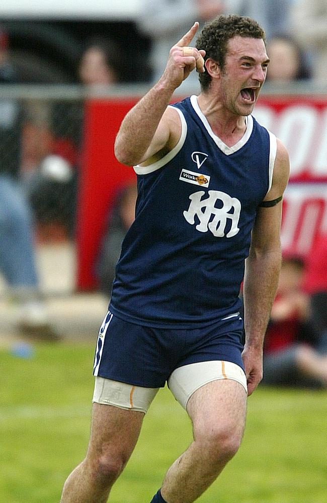 Paul Grayling celebrates a Kerang goal against Swan Hill in 2010.