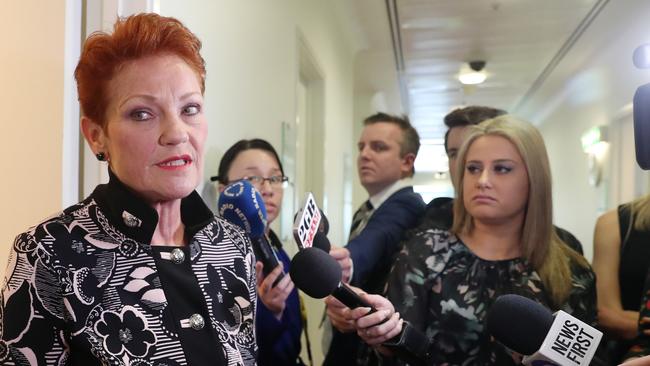 Senator Pauline Hanson during a doorstop at Parliament House in Canberra. Picture Gary Ramage