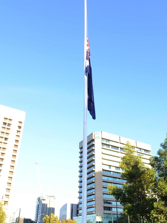 The Australian flag in Victoria Square is lowered. Picture Brenton Edwards/AAP