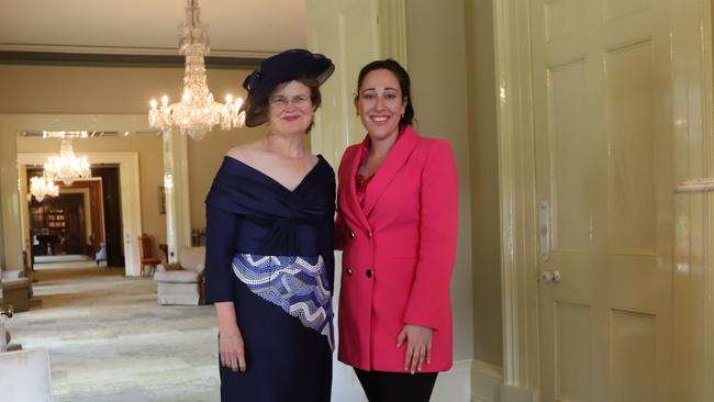 Her Excellency the Honourable Frances Adamson AC wearing the Coronation Dress with Cristina Trendente