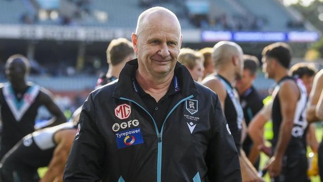 ADELAIDE, AUSTRALIA – MAY 07: Ken Hinkley coach of Port Adelaide after the round eight AFL match between Port Adelaide Power and Essendon Bombers at Adelaide Oval, on May 07, 2023, in Adelaide, Australia. (Photo by Mark Brake/Getty Images)