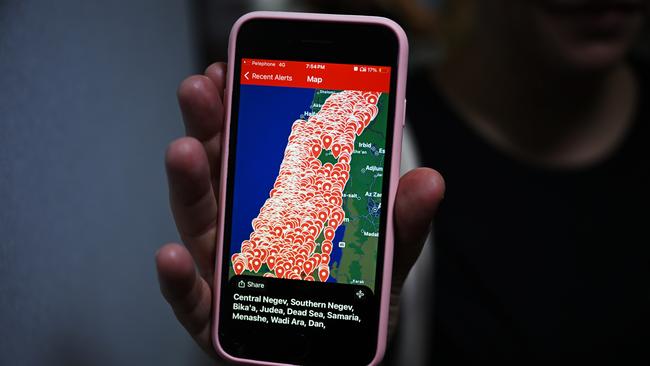 Israel’s Tzofar rocket alert app shows the incoming Iranian missiles. Picture: Leon Neal/Getty Images