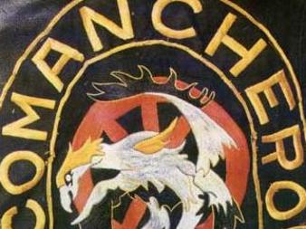 Web grab of colours or emblem of Comanchero bikie (motorcycle) gang, worn on the back of their jackets. patch logo