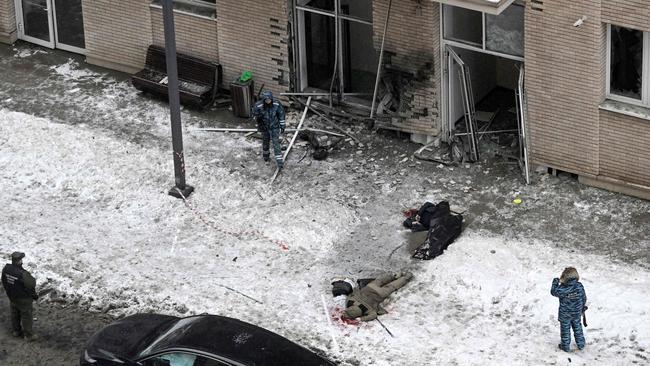 Bodies at the blast scene after an explosion killed the commander of Russian armed forces' chemical, biological and radiation defence troops, Igor Kirillov, and his assistant. Picture; AFP.