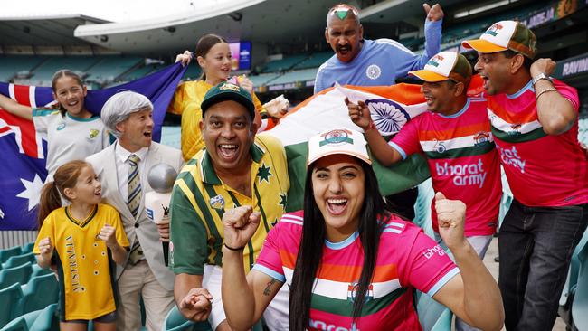 Australian and Indian cricket fans Lara, Steve, Kaia and Zoe Blacker, Duke Ramachandran, Mahima Sheoran, Sudhir Gautam, Kunal Gandhi and Chintan Bhatti at the SCG. Picture: Sam Ruttyn