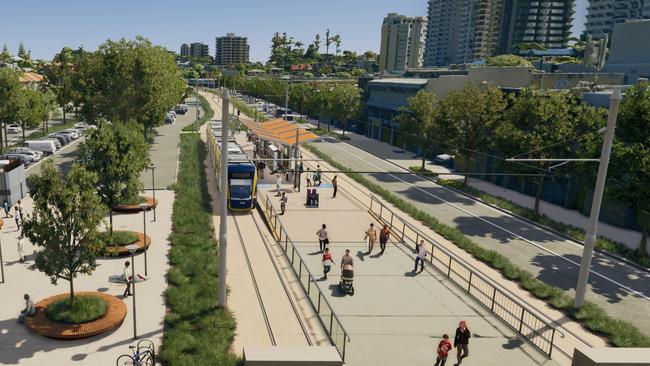 Artist impression of Gold Coast Light Rail Stage 4 between Tugun and Coolangatta, including Gold Coast Airport and the NSW border. Picture: Department of Transport and Main Roads.