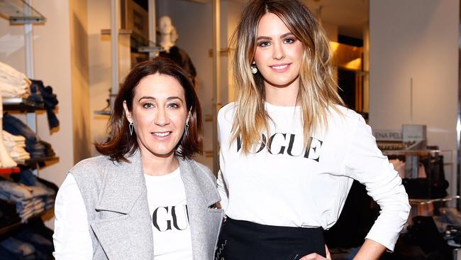 Vogue’s Edwina McCann and model Jesinta Campbell at the Vogue American Express Fashion's Night Out in Sydney. Picture: Zak Kaczmarek/Getty