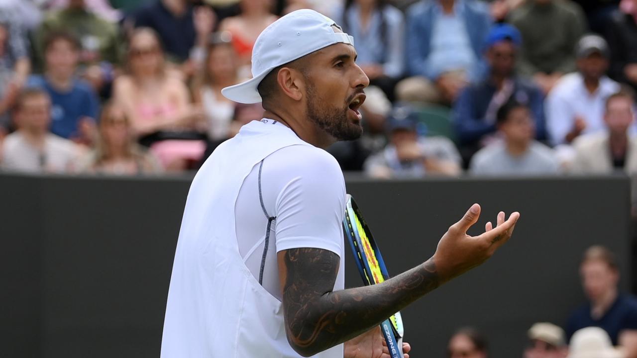 Nick Kyrgios had plenty to say to the crowd and umpire during his first-round match at Wimbledon. Picture: Shaun Botterill/Getty Images