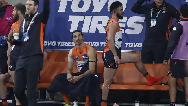 Phil Davis and Zac Williams on the Giants bench. Picture: Getty Images