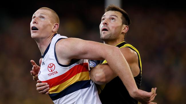 Sam Jacobs competes with Toby Nankervis in the ruck during Adelaide’s loss to Richmond on Friday night. Picture: Adam Trafford (Getty).