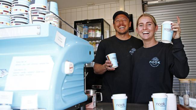 Marcus Wilkins and Olivia Ayres serve up coffee at Nook in Burleigh. Picture: Tertius Pickard