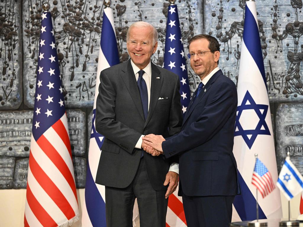 Joe Biden poses and Israeli President Isaac Herzog in Jerusalem. Picture: AFP