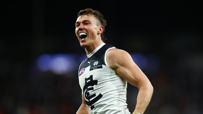 Carlton's Patrick Cripps celebrates after kicking a goal during the GWS Giants v Carlton Round 17 AFL match at ENGIE Stadium, Sydney on July 6, 2024.. Photo by Brett Costello(Image Supplied for Editorial Use only - **NO ON SALES** - Â©Brett Costello )