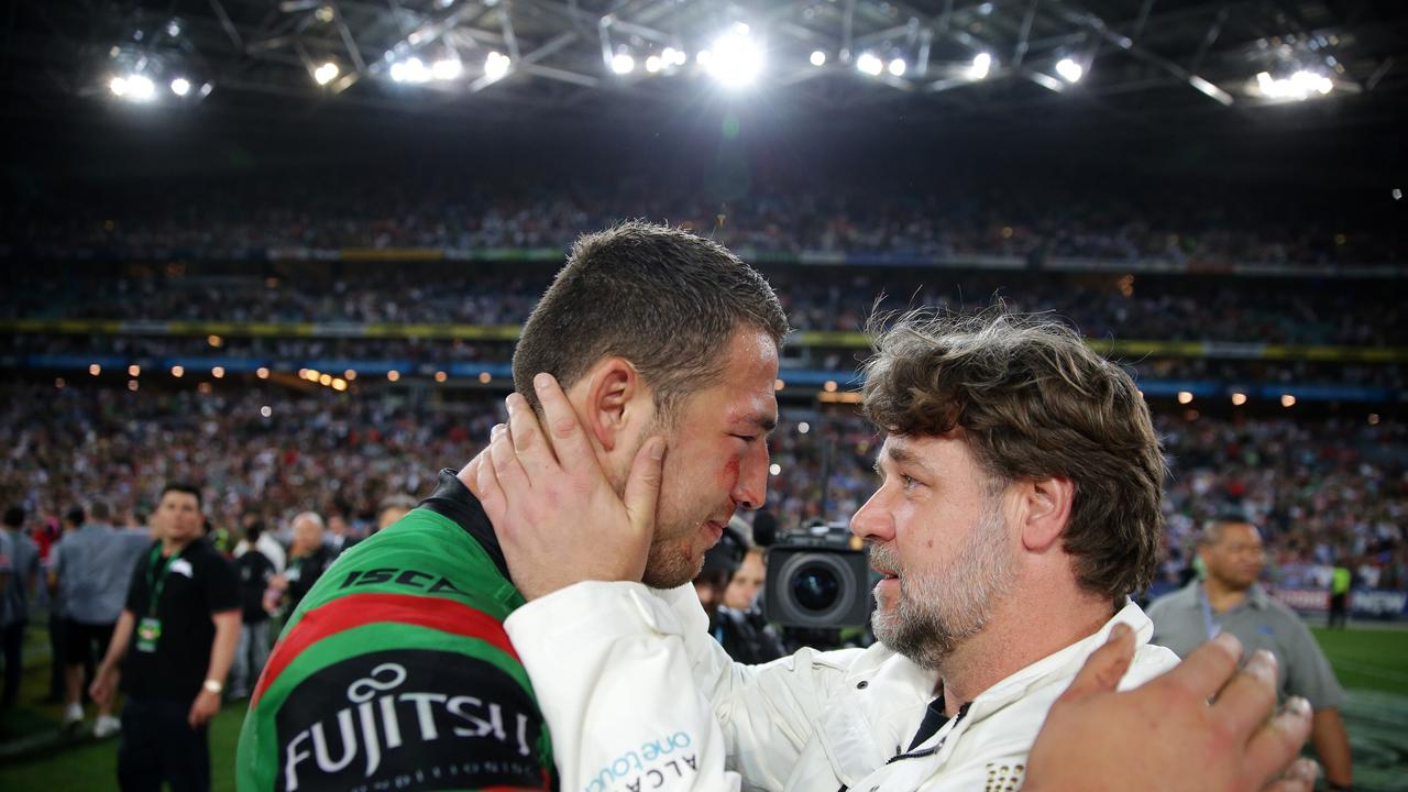 South Sydney's Russell Crowe (R) has given Sam Burgess (L) a glowing reference, after joining the Warrington Wolves as head coach for 2024. Picture Gregg Porteous.