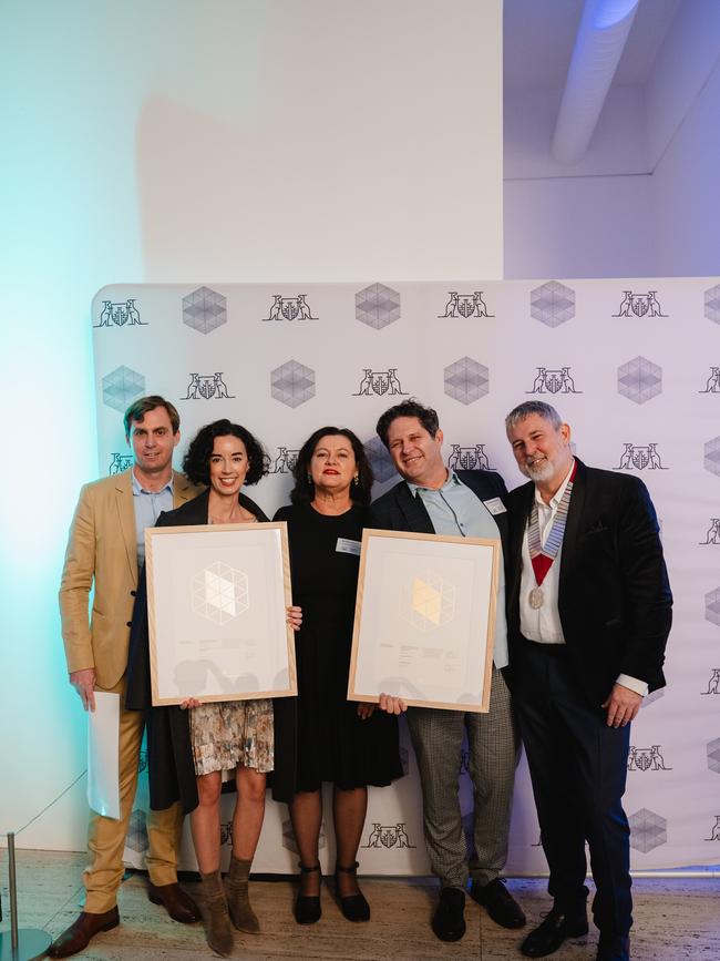 Winners for Floating house – Left to right Nick Lorenz, Maddie Zahos, award director, Eloise Atinkson, Hamilton Wilson from Wilson Architects, Michael Lavery QLD State President AIA. Photo: Supplied