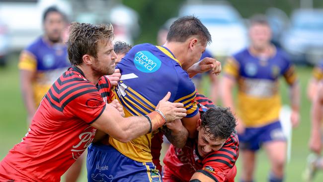 Will Picken met by the defence. Picture: DC Sports Photography