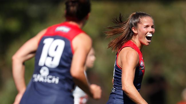 Kate Hore celebrates a goal against GWS Giants. Picture: AFL Photos via Getty Images