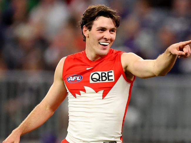 PERTH, AUSTRALIA - JULY 22: Errol Gulden of the Swans celebrates his goal during the round 19 AFL match between Fremantle Dockers and Sydney Swans at Optus Stadium, on July 22, 2023, in Perth, Australia. (Photo by James Worsfold/Getty Images)