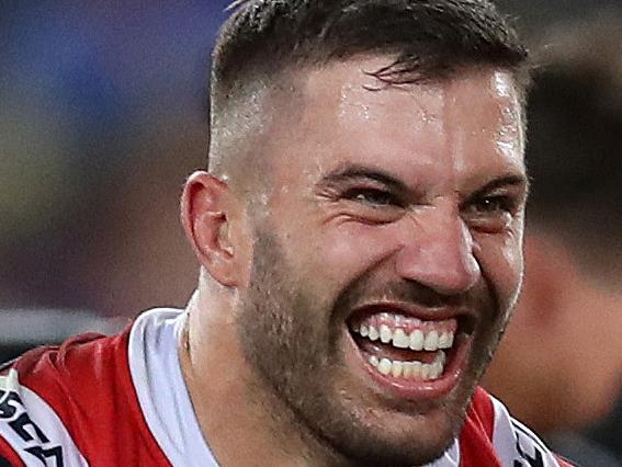 Roosters' James Tedesco celebrates victory during the 2019 NRL Grand Final between the Sydney Roosters and Canberra Raiders at ANZ Stadium on 6 October, 2019 in Sydney. Picture. Phil Hillyard