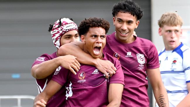 QLD player Matua Brown celebrates a try.Qld Vs NSWCCC in the ASSRL national championships in Redcliffe.Saturday July 1, 2023. Picture, John Gass