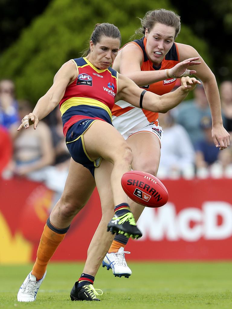 Randall takes a kick in a game against the GWS Giants. Picture: Sarah Reed