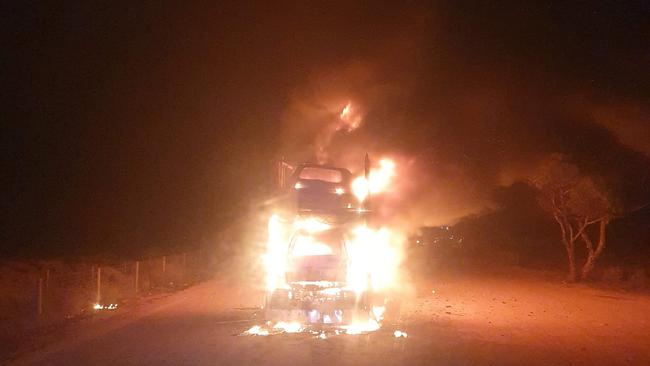 The flames completely engulfed the back of the truck – but the prime mover front was saved. Picture: Ceduna CFS