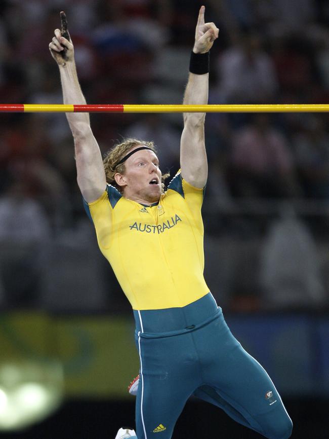 Winning moment: Hooker clears 5.80m in the 2008 men’s Olympic pole vault final in Beijing. Picture: AP