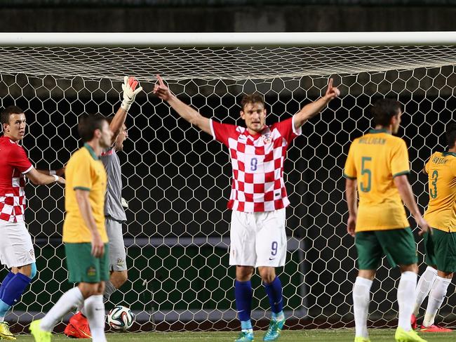 SALVADOR, BRAZIL - JUNE 06: Nikica Jelavic of Croatia celebrates scoring a goal during the International Friendly match between Croatia and the Australian Socceroos at Pituacu Stadium on June 6, 2014 in Salvador, Brazil. (Photo by Cameron Spencer/Getty Images)