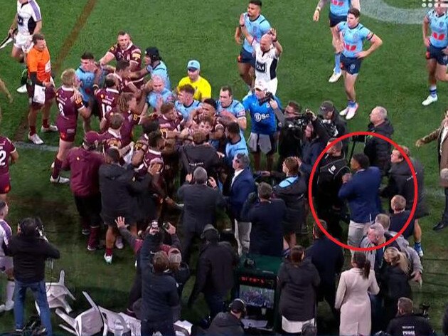 Haumole Olakau’atu getting involved in the melee on Wednesday night. Picture: Channel 9