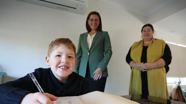 Melanie Higgins, the mum of eight-year-old Oscar, meets with Opposition Leader Deb Frecklington to discuss LNP’s education overhaul. Picture: Jamie Hanson