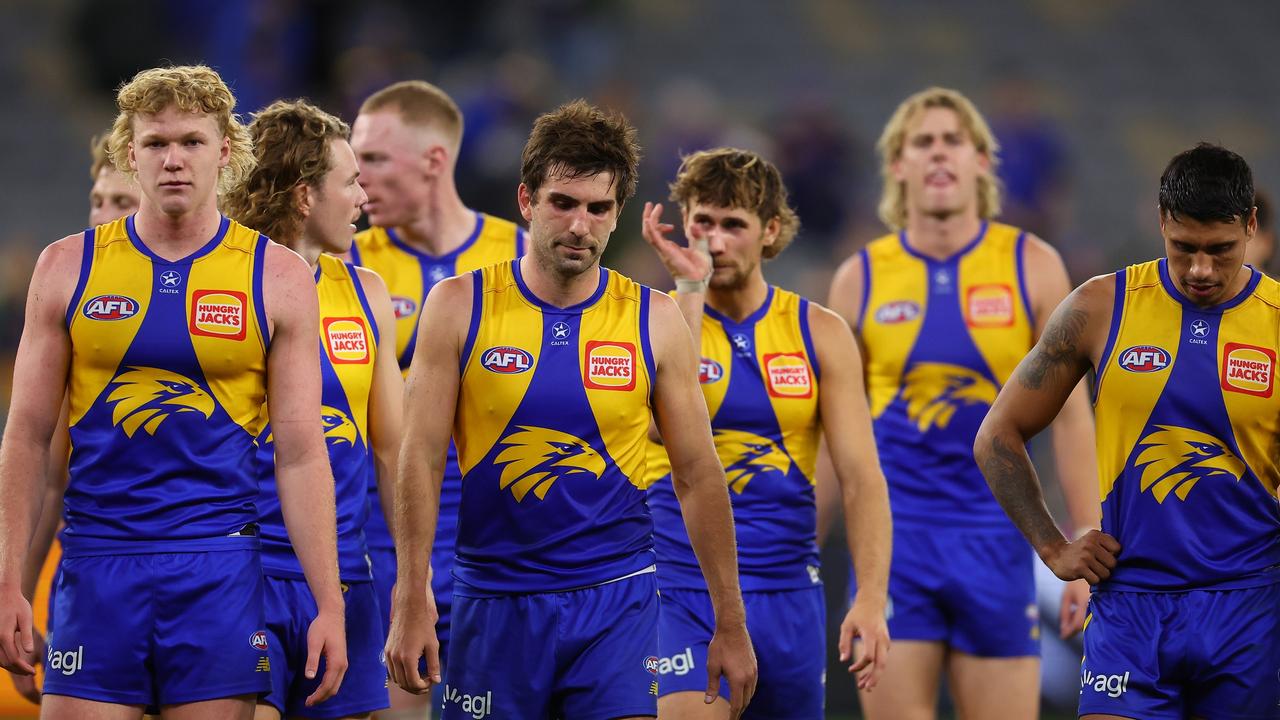 The Eagles walk from the field after another belting in 2023. Picture: Paul Kane