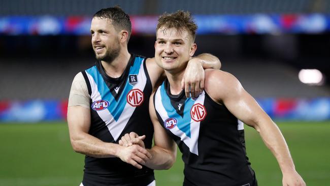 Travis Boak and Ollie Wines proved to be unstoppable. Picture: Michael Willson/AFL Photos via Getty Images