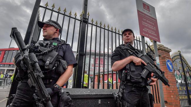 Armed police patrol around Old Trafford Cricket Ground. Ariana Grande performance. There is uncertainty about whether tonight’s concert will go ahead after the London attack. Picture: Anthony Devlin / Getty