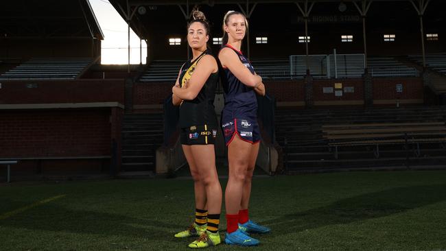 Glenelg’s Ellie Kellock and Norwood’s Alison Ferrall ahead of their SANFLW semi-final. Picture: Supplied, SANFL/David Mariuz