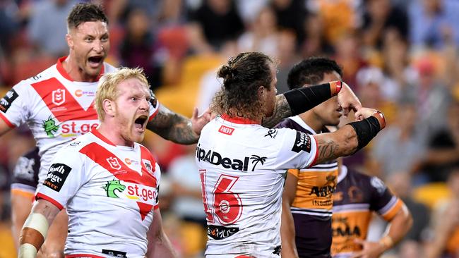 Sims crashed over for a try in his first game as a Dragon. Photo by Bradley Kanaris/Getty Images.