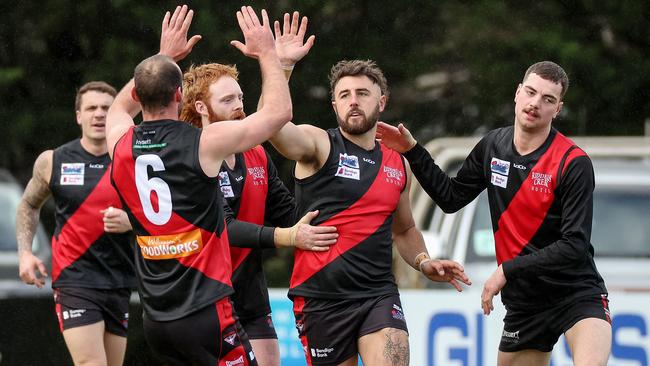 Dylan Tarczon celebrates a goal with Riddell teammates. Picture: George Sal